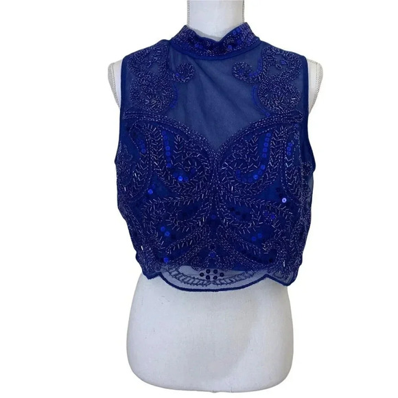 Prom Blue Beaded Crop Top with Keyhole Cutout in Back By Love Reign - Picture 1 of 9